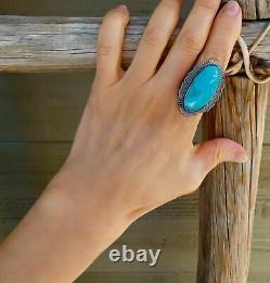 Native American Navajo Oxidized Silver Turquoise Statement Ring Size 7