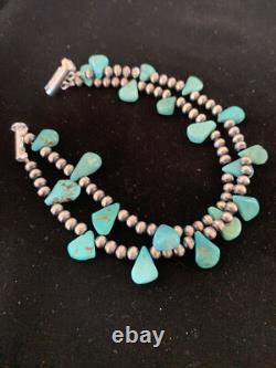 Native American Navajo Pearls Bracelet Sterling Silver Blue Turquoise 3173