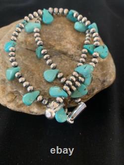 Native American Navajo Pearls Bracelet Sterling Silver Blue Turquoise 3173