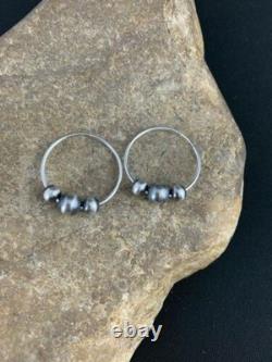 Native American Navajo Pearls Hoop Earrings Sterling Silver 3755