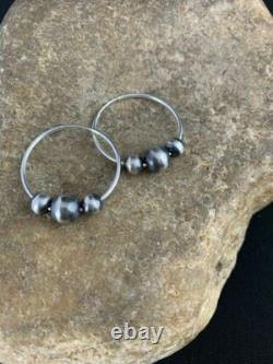 Native American Navajo Pearls Hoop Earrings Sterling Silver 3755