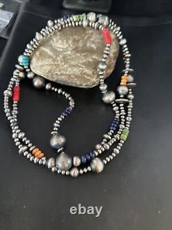 Native American Navajo Pearls Multi-Color Sterling Silver Necklace 48 92848