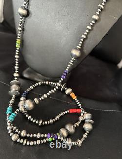Native American Navajo Pearls Multi-Color Sterling Silver Necklace 48 92848