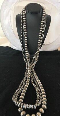 Native American Navajo Pearls Sterling Silver Bead Necklace 60 Long 3 Strands