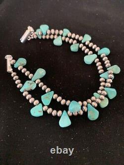 Native American Navajo Pearls Sterling Silver Blue Turquoise Bracelet Gift 3173