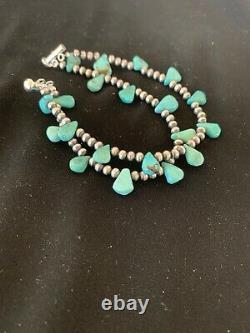 Native American Navajo Pearls Sterling Silver Blue Turquoise Bracelet Gift 3173
