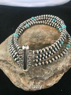 Native American Navajo Pearls Sterling Silver Blue Turquoise Bracelet Gift 4 St