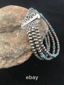 Native American Navajo Pearls Sterling Silver Blue Turquoise Bracelet Gift 4 St
