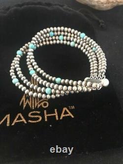 Native American Navajo Pearls Sterling Silver Blue Turquoise Bracelet Gift 4 St