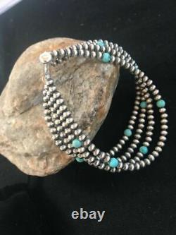 Native American Navajo Pearls Sterling Silver Blue Turquoise Bracelet Gift 4 St