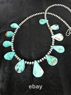 Native American Navajo Pearls Sterling Silver Blue Turquoise Necklace 306