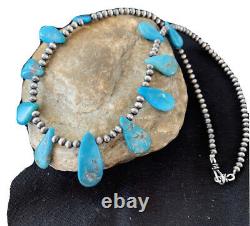 Native American Navajo Pearls Sterling Silver Blue Turquoise Necklace 943