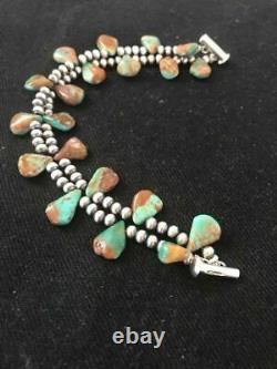 Native American Navajo Pearls Sterling Silver Green Turquoise Bracelet Gift S428