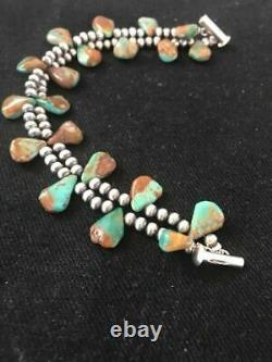 Native American Navajo Pearls Sterling Silver Green Turquoise Bracelet Gift S428