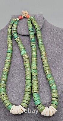 Native American Navajo Pueblo Double Strand Jocla Necklace Green Turquoise Coral