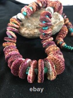 Native American Navajo Purple Spiny Oyster Turquoise Sterling Silver Necklace 24