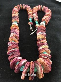 Native American Navajo Purple Spiny Oyster Turquoise Sterling Silver Necklace 24