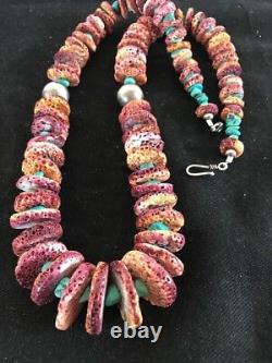 Native American Navajo Purple Spiny Oyster Turquoise Sterling Silver Necklace 24