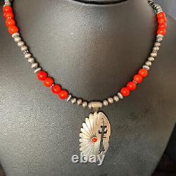 Native American Navajo Red Coral Sterling Silver Necklace Pendant 13843