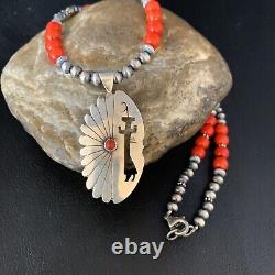 Native American Navajo Red Coral Sterling Silver Necklace Pendant 13843