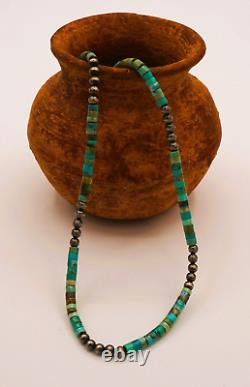 Native American Navajo Rolled Kingman Turquoise & Navajo Pearl Heishi Choker 18