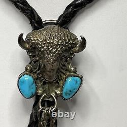 Native American Navajo Signed LL Sterling Silver Turquoise Vintage Bolo Tie