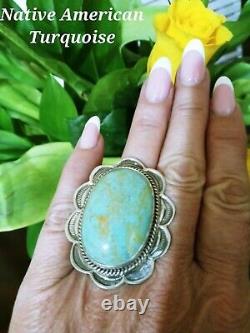 Native American Navajo Signed Sterling Silver & Green Turquoise Size 10 Ring