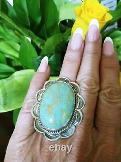 Native American Navajo Signed Sterling Silver & Green Turquoise Size 10 Ring