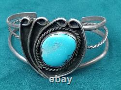 Native American Navajo Silver Cuff Bracelet w. Large Turquoise Setting