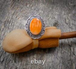 Native American Navajo Silver Orange Spiny Oyster Shell Women's Ring Size 8.25