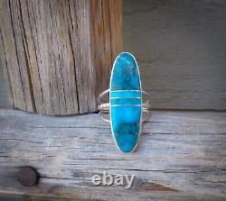 Native American Navajo Silver Turquoise Inlay Ring Size 7.5