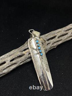 Native American Navajo Sleeping Beauty Turquoise Feather Sterling Silver Pendant