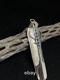 Native American Navajo Sleeping Beauty Turquoise Feather Sterling Silver Pendant