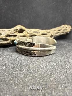 Native American Navajo Sleeping Beauty Turquoise Sterling Feather Cuff Bracelet