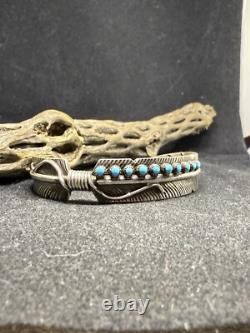 Native American Navajo Sleeping Beauty Turquoise Sterling Feather Cuff Bracelet