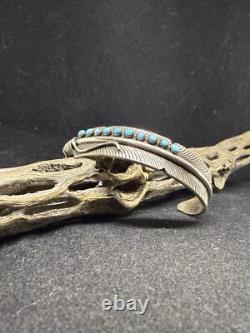 Native American Navajo Sleeping Beauty Turquoise Sterling Feather Cuff Bracelet