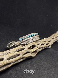 Native American Navajo Sleeping Beauty Turquoise Sterling Feather Cuff Bracelet