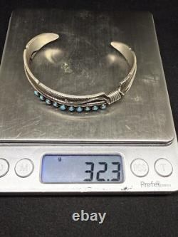 Native American Navajo Sleeping Beauty Turquoise Sterling Feather Cuff Bracelet