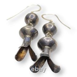 Native American Navajo Southwest Sterling Silver Squash Blossom Dangle Earrings
