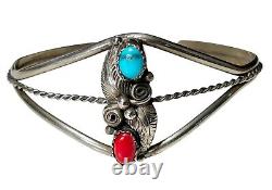 Native American Navajo Southwestern Turquoise Coral Cuff Bracelet Silver Tone