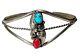 Native American Navajo Southwestern Turquoise Coral Cuff Bracelet Silver Tone