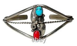 Native American Navajo Southwestern Turquoise Coral Cuff Bracelet Silver Tone