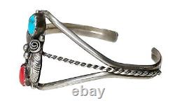 Native American Navajo Southwestern Turquoise Coral Cuff Bracelet Silver Tone