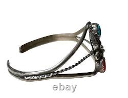Native American Navajo Southwestern Turquoise Coral Cuff Bracelet Silver Tone