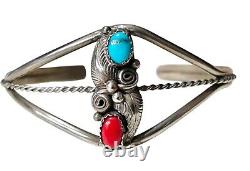 Native American Navajo Southwestern Turquoise Coral Cuff Bracelet Silver Tone