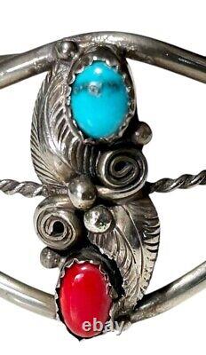 Native American Navajo Southwestern Turquoise Coral Cuff Bracelet Silver Tone