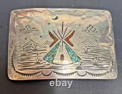 Native American Navajo Sterling Belt Buckle Turquoise & Coral Signed 2x3 47g