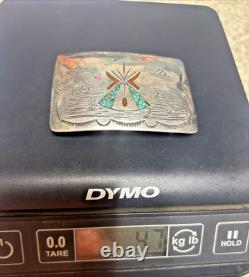 Native American Navajo Sterling Belt Buckle Turquoise & Coral Signed 2x3 47g
