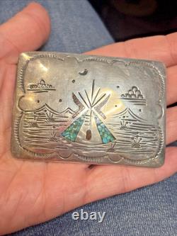Native American Navajo Sterling Belt Buckle Turquoise & Coral Signed 2x3 47g