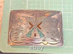 Native American Navajo Sterling Belt Buckle Turquoise & Coral Signed 2x3 47g